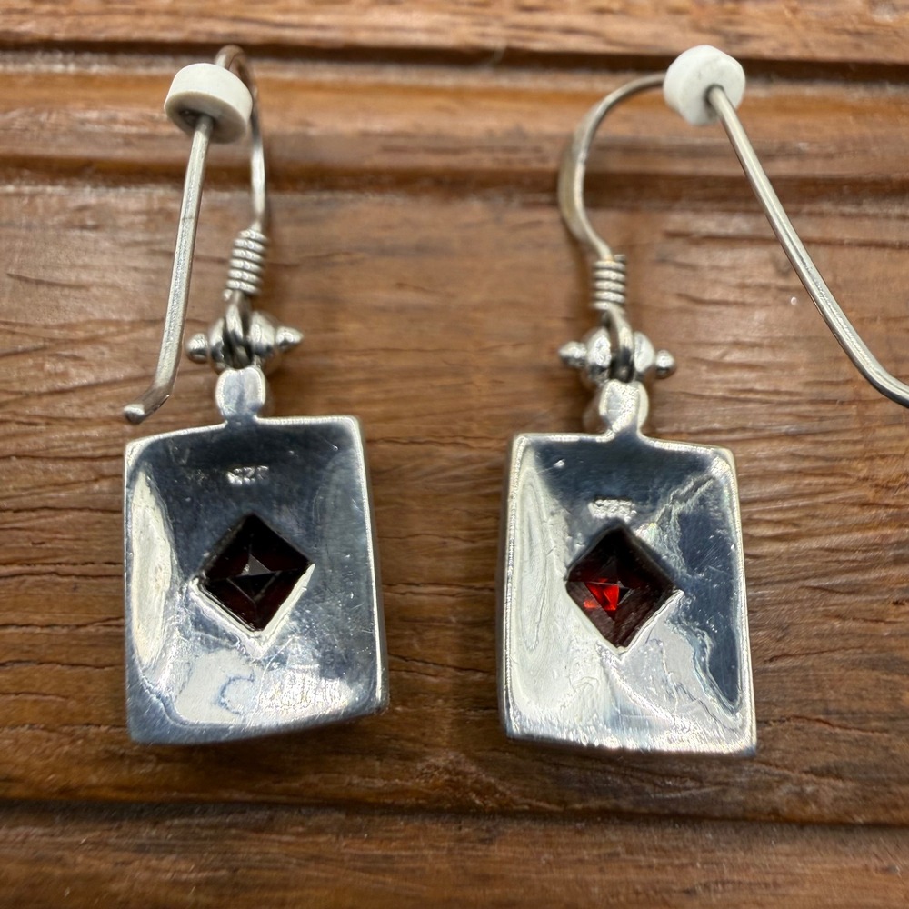 Sterling Silver Garnet Square Earrings Dangle 925 Red Square Classic Designer - Picture 6 of 10